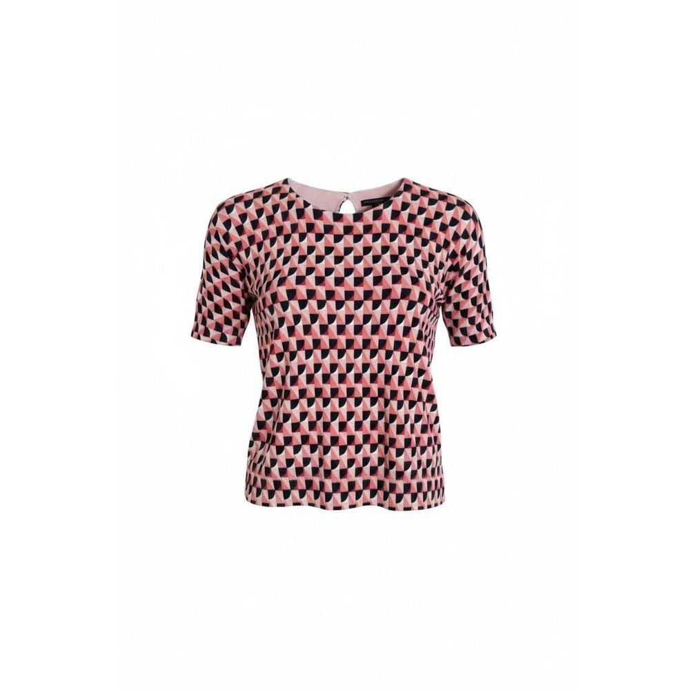 Talbots NWOT Geometric Knit Short Sleeve Sweater Coral Black Size Medium Petite